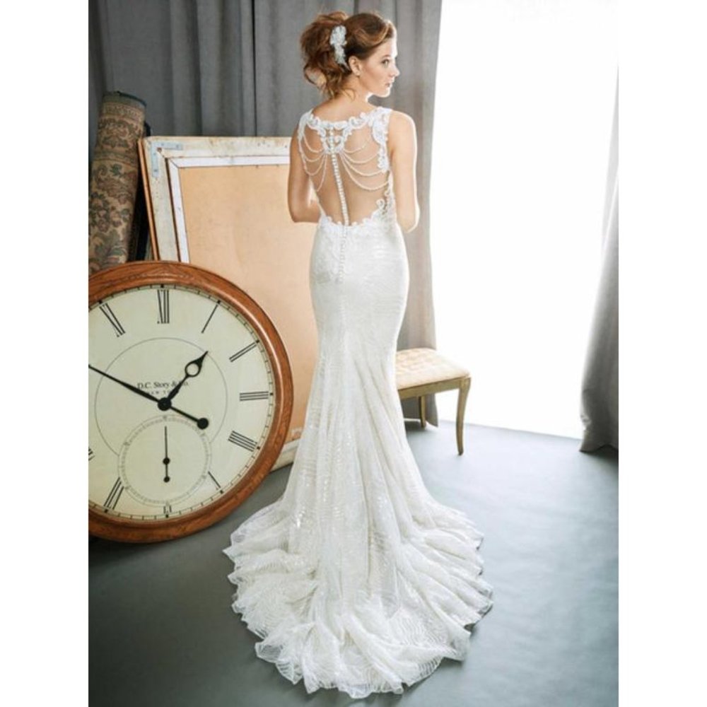 Kenneth Winston New BLING Wedding Dress, Light Gold, SEQUINS, Illusion Fit&Flare